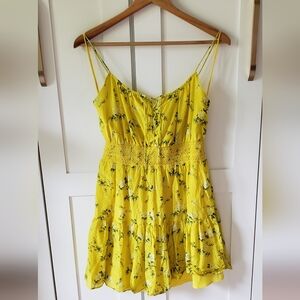 Alice Olivia Lai Dress Womens 8 Yellow Floral Smocked Spaghetti Strap Mini